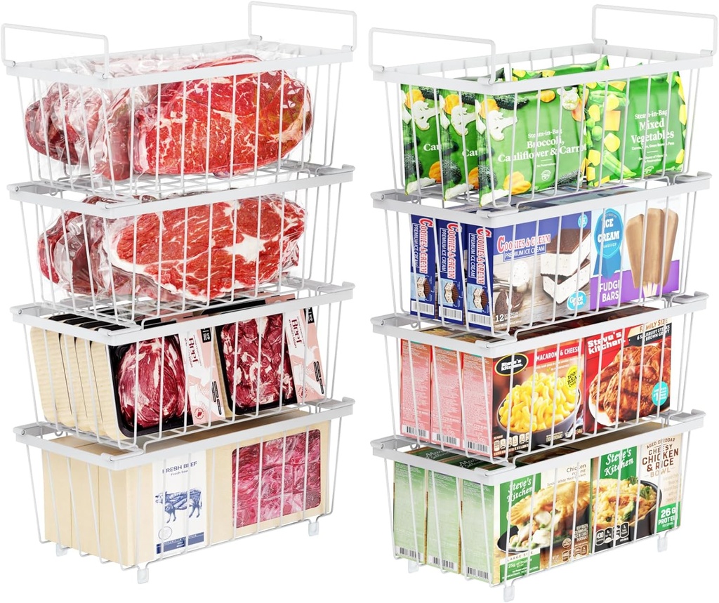 iSPECLE Chest Freezer Organizer Bins - 8 Pack Small Stackable Deep Freezer Organizer Bins for Most 7 Cu.FT Freezer Sort Frozen Meats, Freezer Storage Bins Easy Access Food without Digging, White