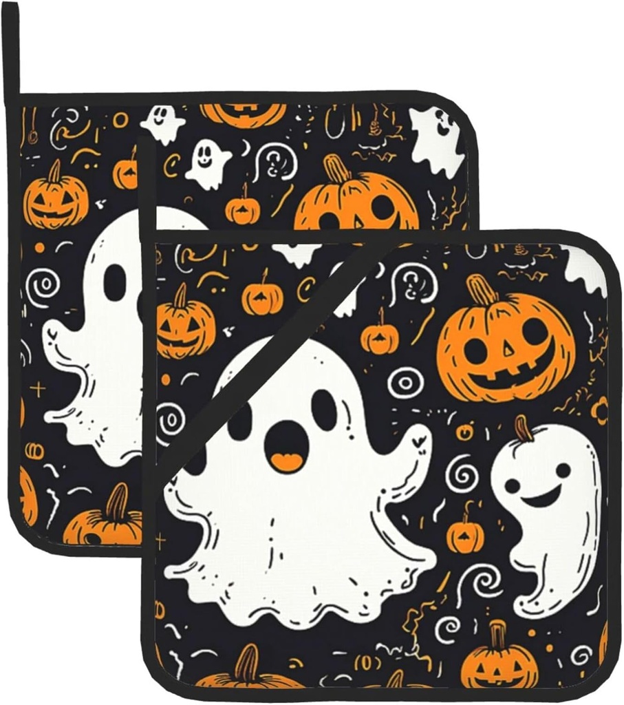 Halloween Pumpkins Pot Holders Set of 2 Kitchen Decors Heat Resistant Potholder Cotton Lining Oven Hot Pads for Cooking Baking Microwave Oven End Dishes BBQ