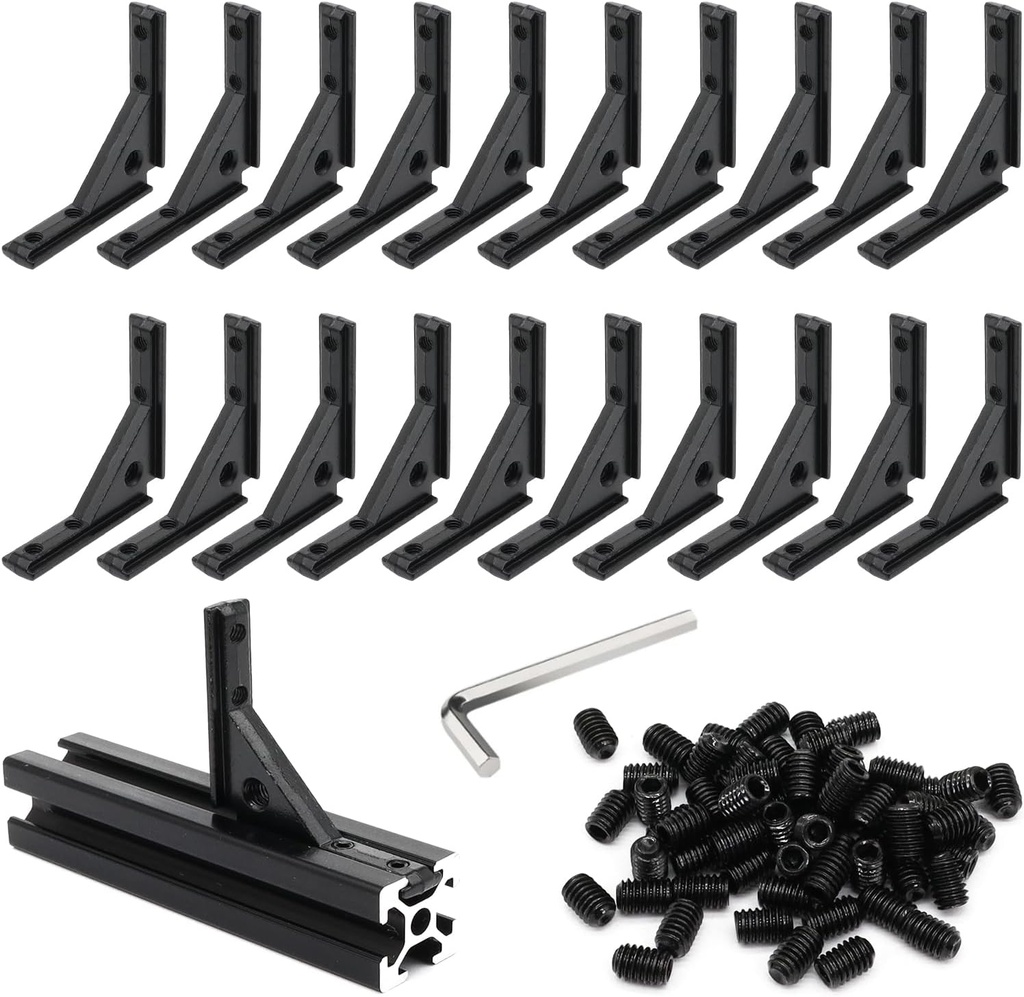 20Pcs 2020 Aluminum Extrusion Black Corner Bracket T Slot Inside L Shape Joint Angle Hardware Panel Mount Connector with Screws for 20 Series 20/20 2040 V Slot Extruded Aluminum Profile