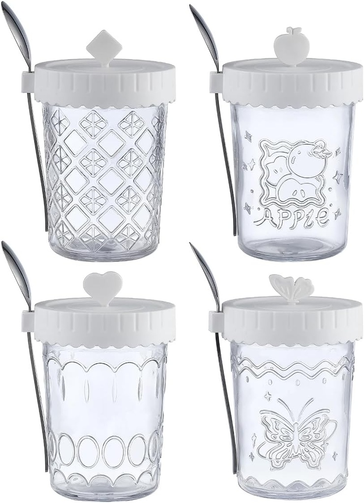20 OZ Overnight Oats Containers With Lids and Spoons, 4-Pack Glass Mason Overnight Oats Jars, Wide Mouth Mason Jars,Glass Meal Prep Salad Cereal Storage (White)