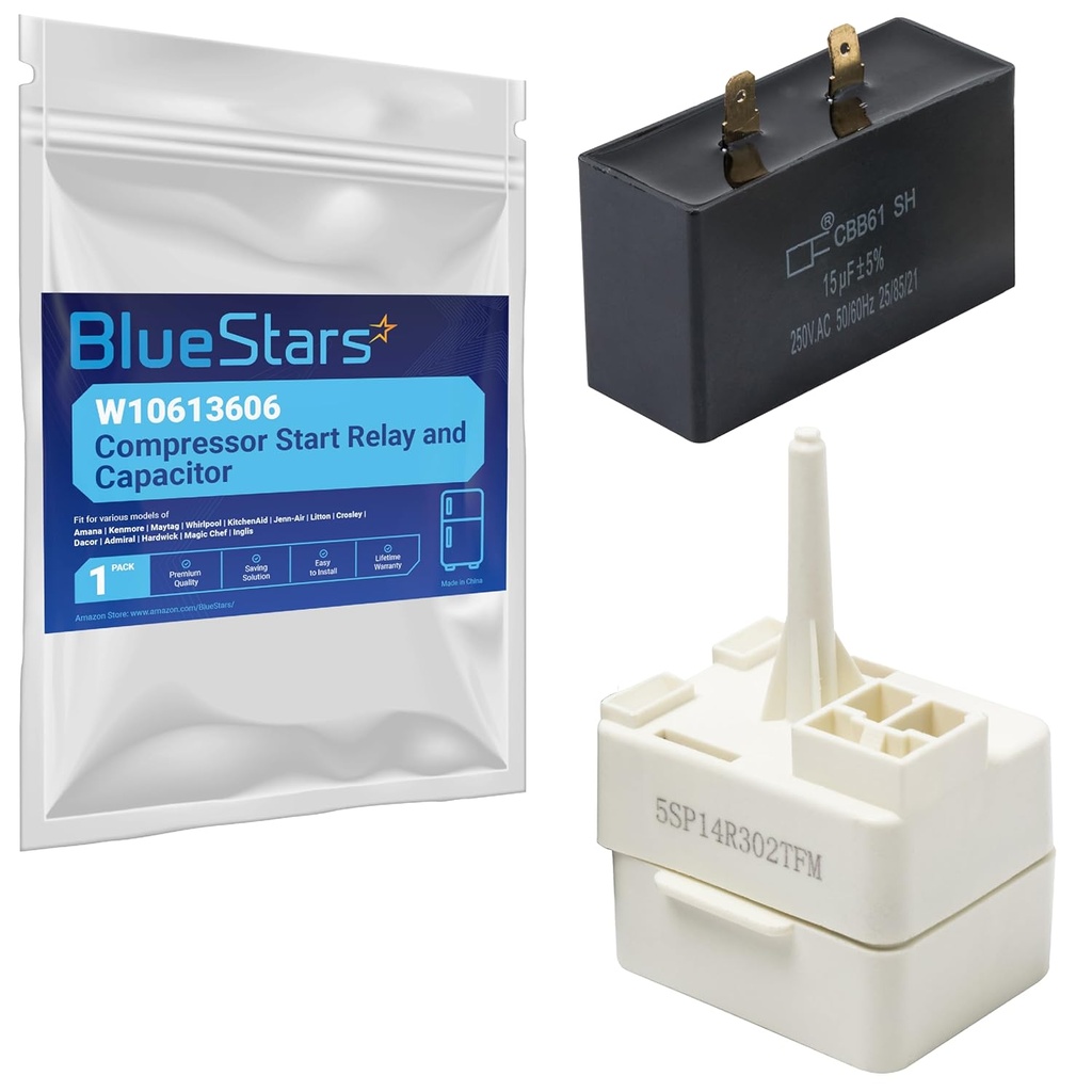 BlueStars New Upgraded W10613606 Refrigerator Compressor Start Relay and Capacitor - Compatible with Whirlpool KitchenAid Kenmore Refrigerators - Replaces W10416065 PS8746522 67003186