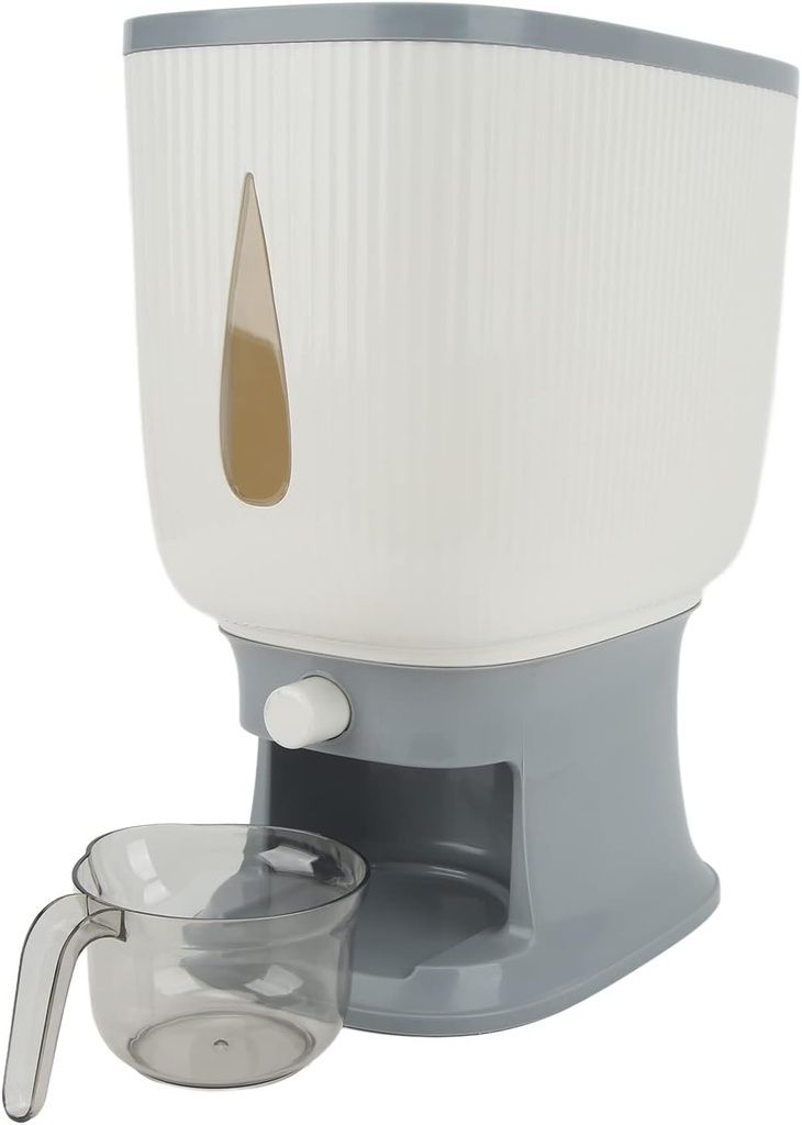 Household Rice Dispenser, Large Capacity Automatic Rebound Food Storage Container, Grain Dispenser Bucket with Cup for Kitchen Soybean Corn, Easy Operation and Transparent(Gray)