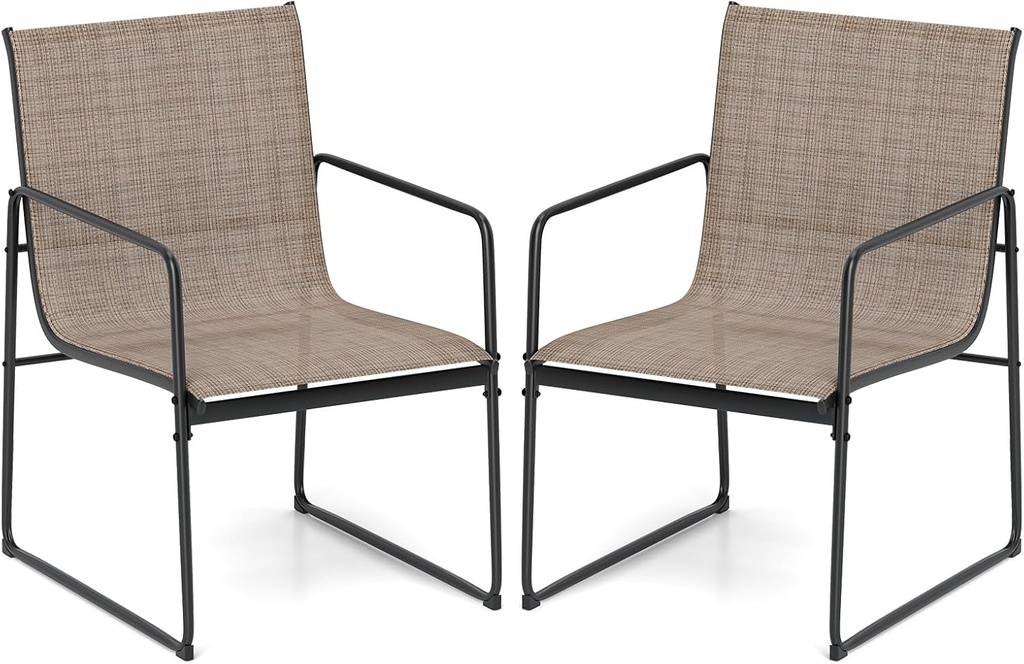 Tangkula Outdoor Dining Chairs Set of 2, Patio Furniture Chairs with Breathable Seat & Backrest, Armrests, Metal Frame, Outside Fabric Chairs for Backyard, Porch, Garden, Poolside (1, Mix Brown)