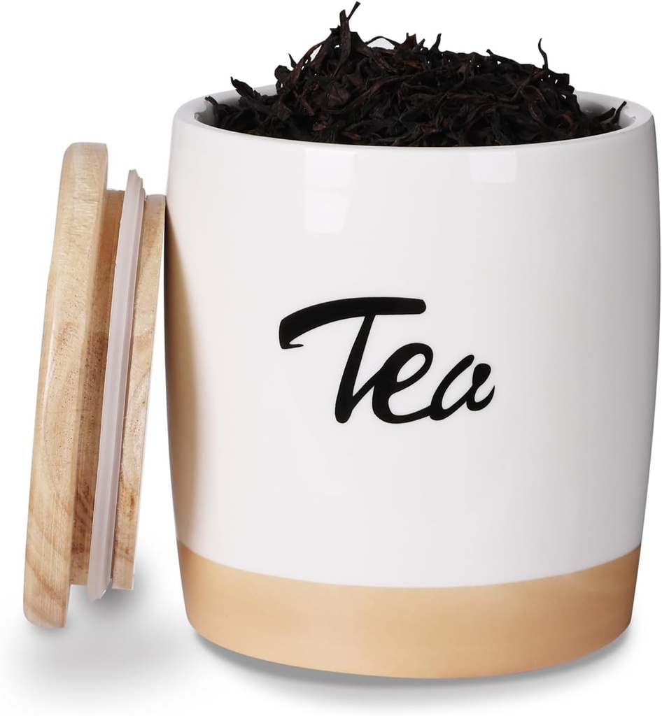 LEETOYI Ceramic Food Storage Containers with Lid,Modern Farmhouse Kitchen Decor, Countertop Food Storage Caddy Organizer, 33oz (Labeled Tea)