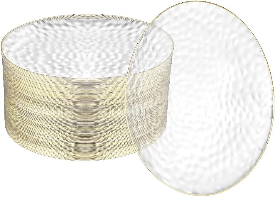 R-kay 100 Pack Clear Plastic Plates - 6.25 IN Hammered Gold Rimmed Sturdy, Durable And Extra Heavy duty Gold Plastic Dessert Plates Disposable - Ideal For Appetizer And And For Desserts.