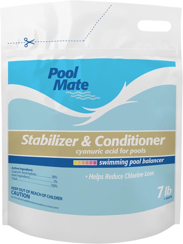 Pool Mate 7-Pounds Premium Pool Stabilizer and Conditioner, Concentrated Cyanuric Acid for Pools, Helps Chlorine Last Longer