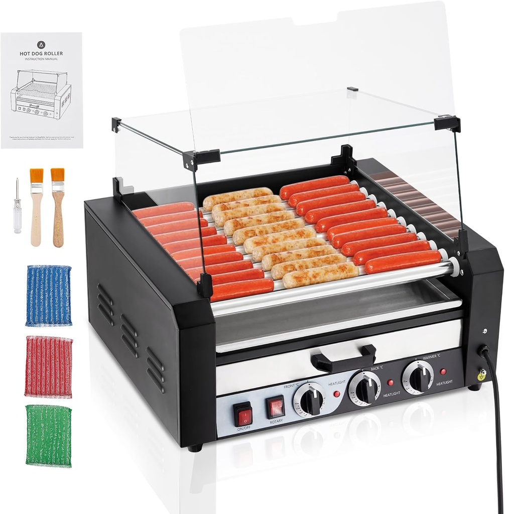 Hot Dog Roller Machine 11 Rollers, Commercial 30-Capacity Stainless Steel Sausage Grill with Dual Temp Control, 1950w Glass Hood & Removable Oil Tray for Parties, Food Trucks, Events