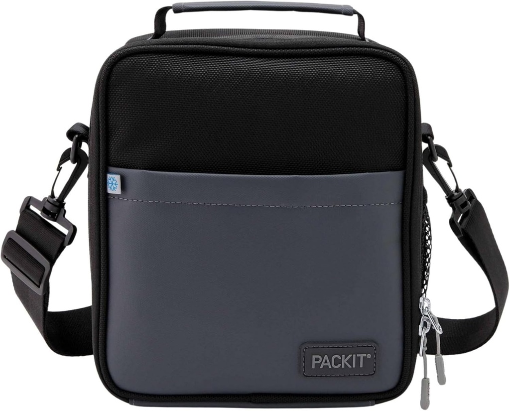 PackIt Freezable Upright Lunch Box, Black/Gray, Engineered with ECOFREEZE+ Technology: Triple Layered Protection for Ultimate Cooling, with Removable Crossbody Strap, Fresh Food On the Go