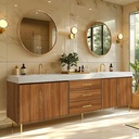 Bathroom Vanity - Retro Bathroom Vanity with Double Sinks Includes Symmetrical Cabinet & Round Mirror|Log Style,Exquisite Handle,LED Smart Defog Mirror(84IN)