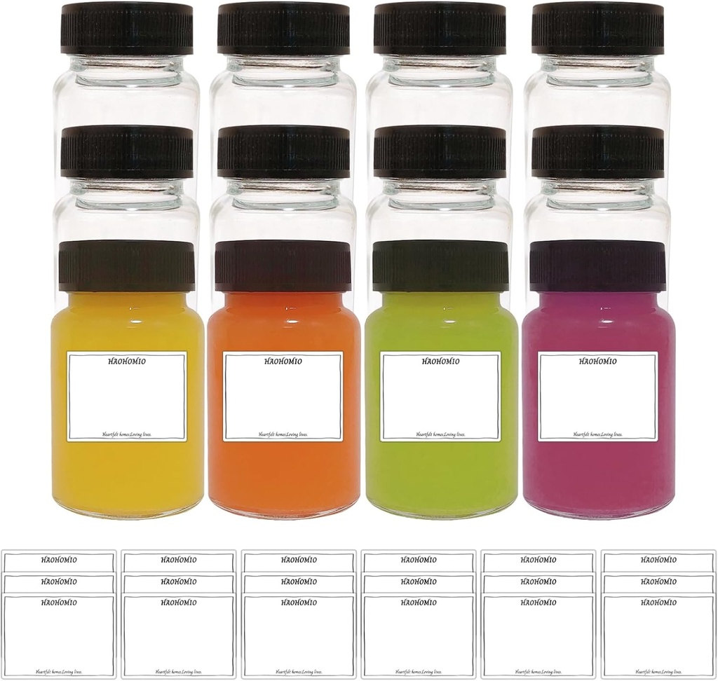 12 Pack Premium 2 oz Glass Shot Bottles with Black Lids & 18 Labels - Wide Mouth Leakproof Mini Jars for Ginger Shots, Wellness, Juice, Travel Essentials - Dishwasher Safe, Reusable