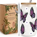 Christian Art Botanic Purple Butterfly Floral Iced Coffee Glass Beer Can Gifts for Women Mom Her, 16oz Glass Tumbler Cups with Lids and Straws Gifts for Girls Daughter Friend Christmas Birthday