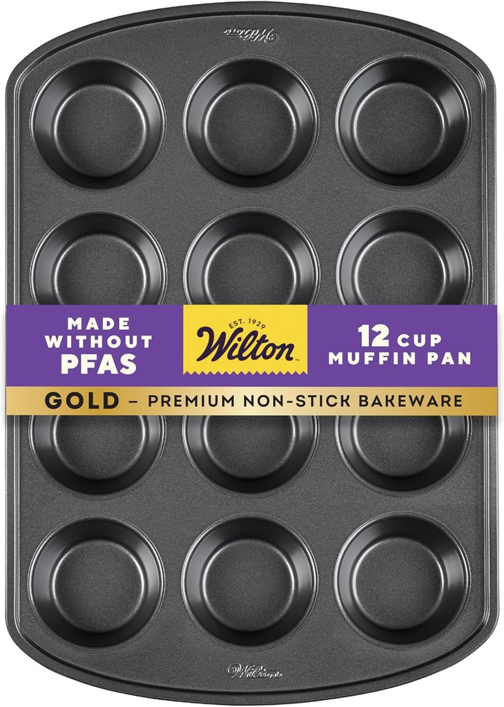 Wilton Gold Premium Non-Stick Warp-Resistant Bakeware, Made without PFAs, Muffin Pan, 12-cup, 10.5 x 15 x 1.4 in, Packaging May Vary