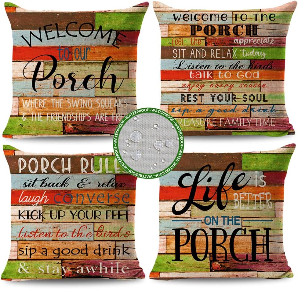 JOJOGOGO Outdoor Porch Pillow Covers 18x18 Waterproof Set of 4 Outdoor Patio Throw Pillows Front & Back Porch Decor for Patio Furniture Porch Swing Garden Hammock Chair