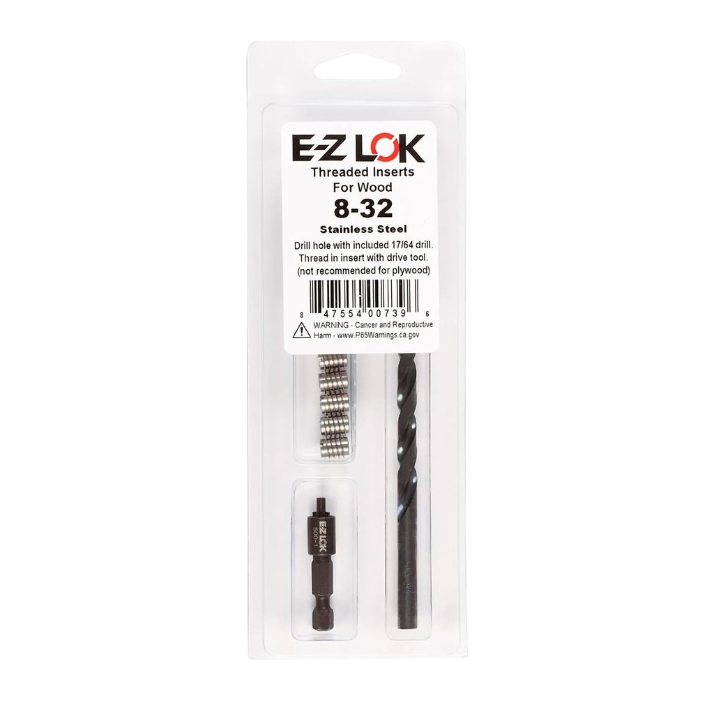 E-Z LOK 400-008-CRThread Installation Kit for Wood Stainless Steel Threaded Inserts, Includes 8-32 Knife Thread Inserts (10), Drill, Installation Tool
