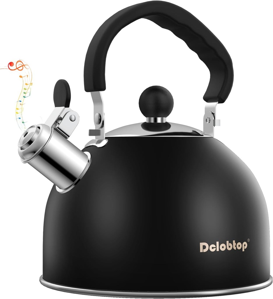 Premium Stainless Steel Tea Kettle for Stove Top - 2 Quart Classic Stovetop Teapot, Loud Whistle Kettle with Ergonomic Handle - Ideal for Hot Water & Tea,Coffee & Kitchen Decor(black)