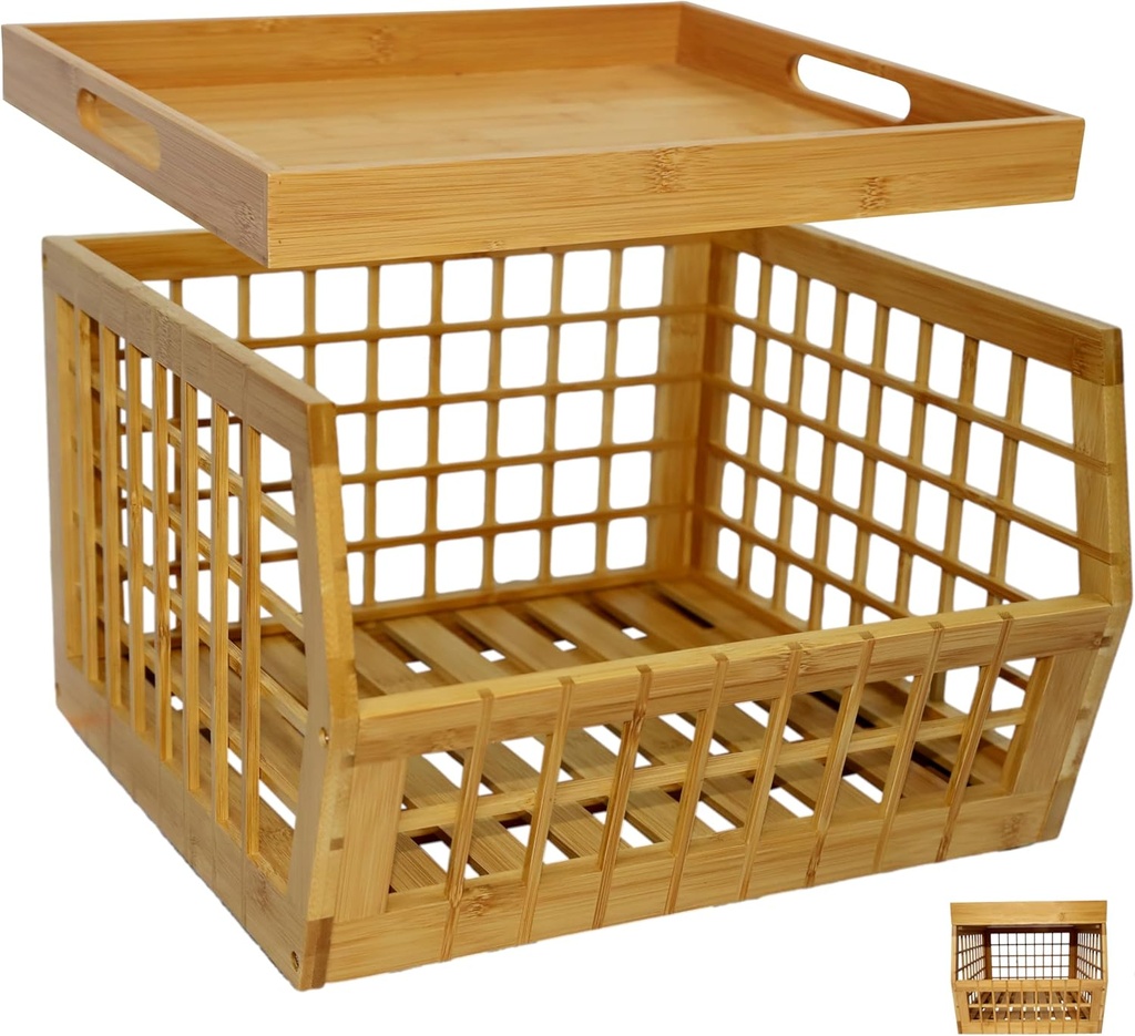 Bamboo Storage Bin - Multipurpose, Stackable Open Front Storage Bin with Bamboo Serving Tray Lid for Kitchen & Pantry - Stylish Lattice Design