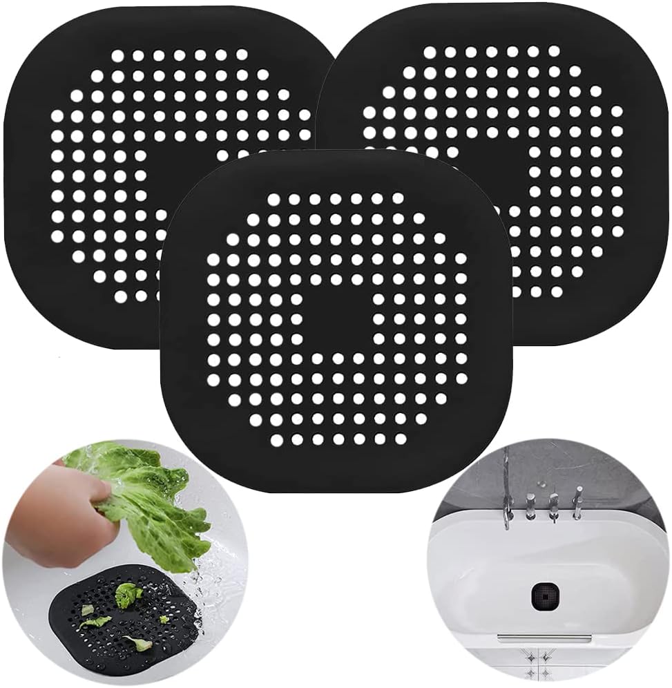 3 Pack Drain Cover Hair Catcher Pad, Silicone Tube Trap Shower with Sucker for Bathroom Kitchen, 5.5" Flat Square Rubber Strainer Plug Filter Bathtub Sink Home Drain Protectors, Black