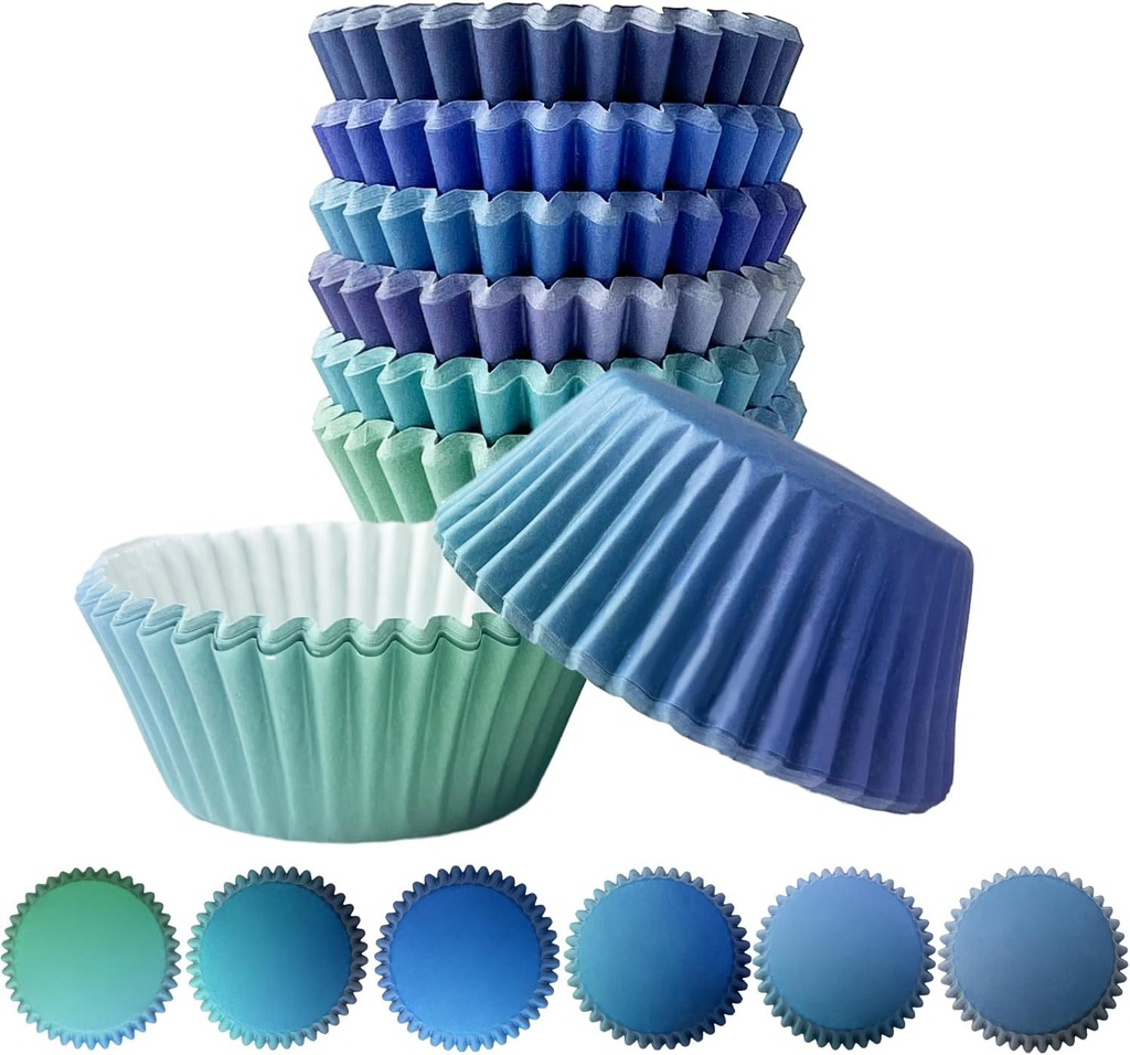 qiqee 300PCS Standard Gradient Cupcake Liners Cupcake Cups 6 Designs Blue Gradient Cupcake Papers Baking Cups Cupcake Wrappers (Medium Size)