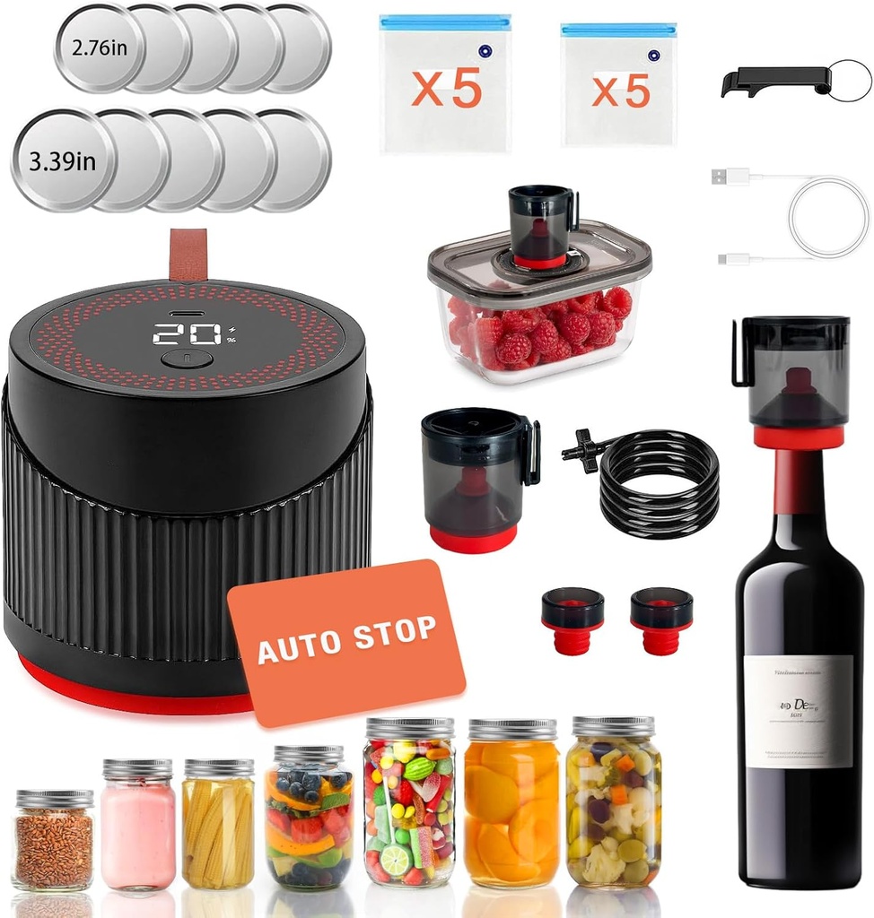 Mason Jar Vacuum Sealer Kit 4 in 1 Electric Black Can Sealer Machine for Food Storage Vacuum Bag Box Wine Bottle Wide Mouth and Regular Mouth Mason Jars