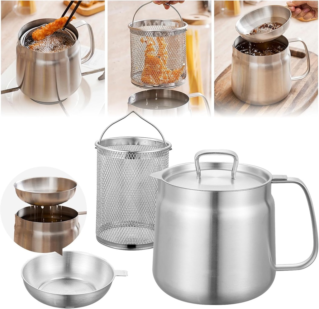 304 Stainless Steel Grease Container for Kitchen – Bacon Grease Container, Deep Fryer Pot with Basket, Oil Container with Lid and Strainer (1.5L/50oz)