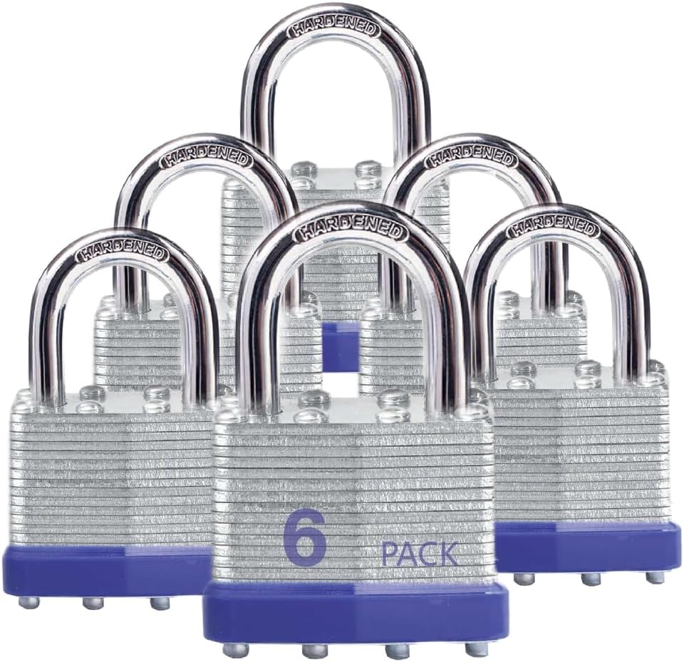 Keyed Alike Laminated Steel Keyed Padlocks with Normal Shackle, 6 Pack, for Hasp Latch, Sheds, Fences, Storage Locker, School, Gym