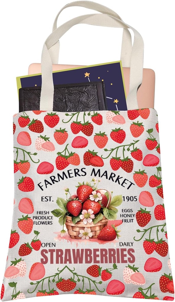 Strawberry Tote Bag Autumn Lover Gift Farmers Market Open Daily Strawberries Shopping Bag Fruit Lover Gift