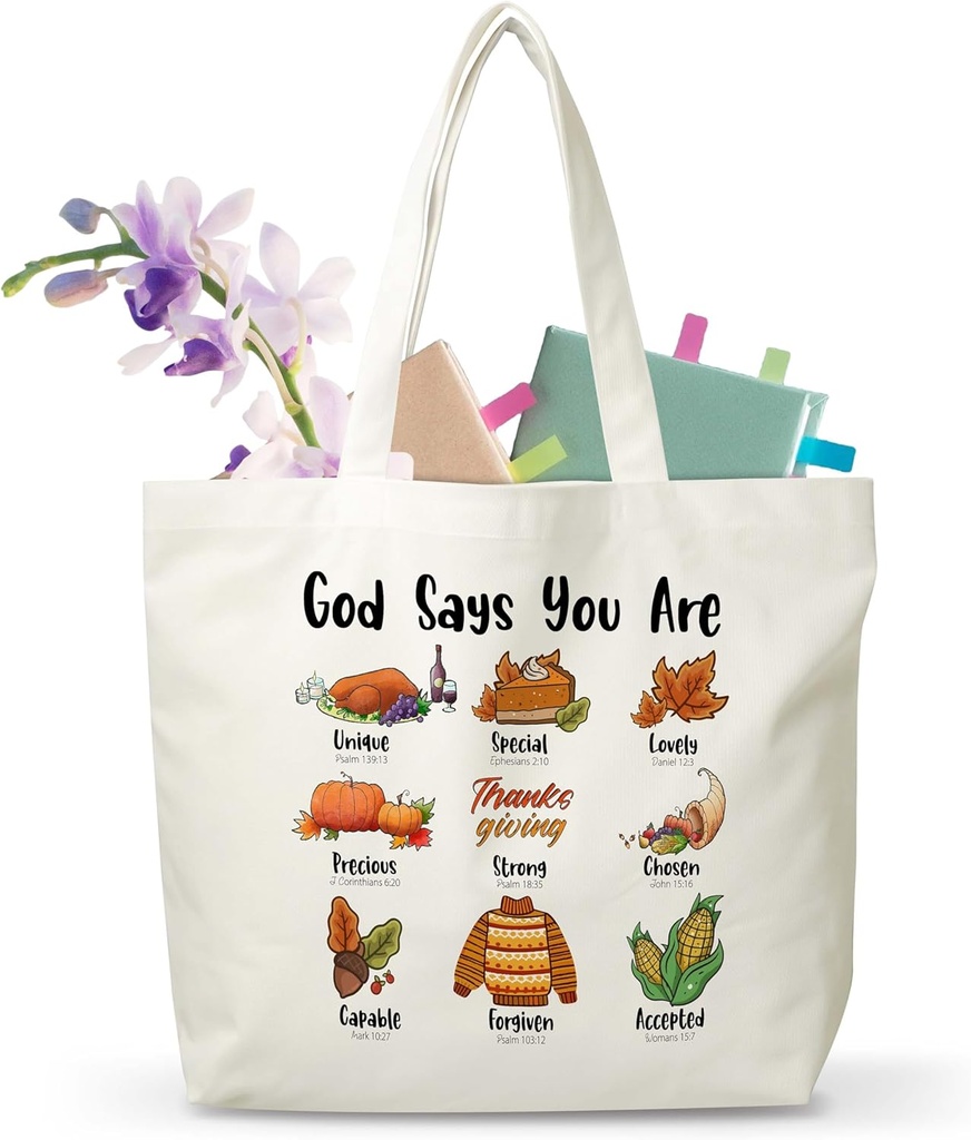 Christian Canvas Tote Bag, Thanksgiving Theme Shoulder Bag, Fall Autumn Canvas Reusable Grocery Shopping Bag, Harvest Party Thanksgiving Day Bible Verse Gifts For Women, A66