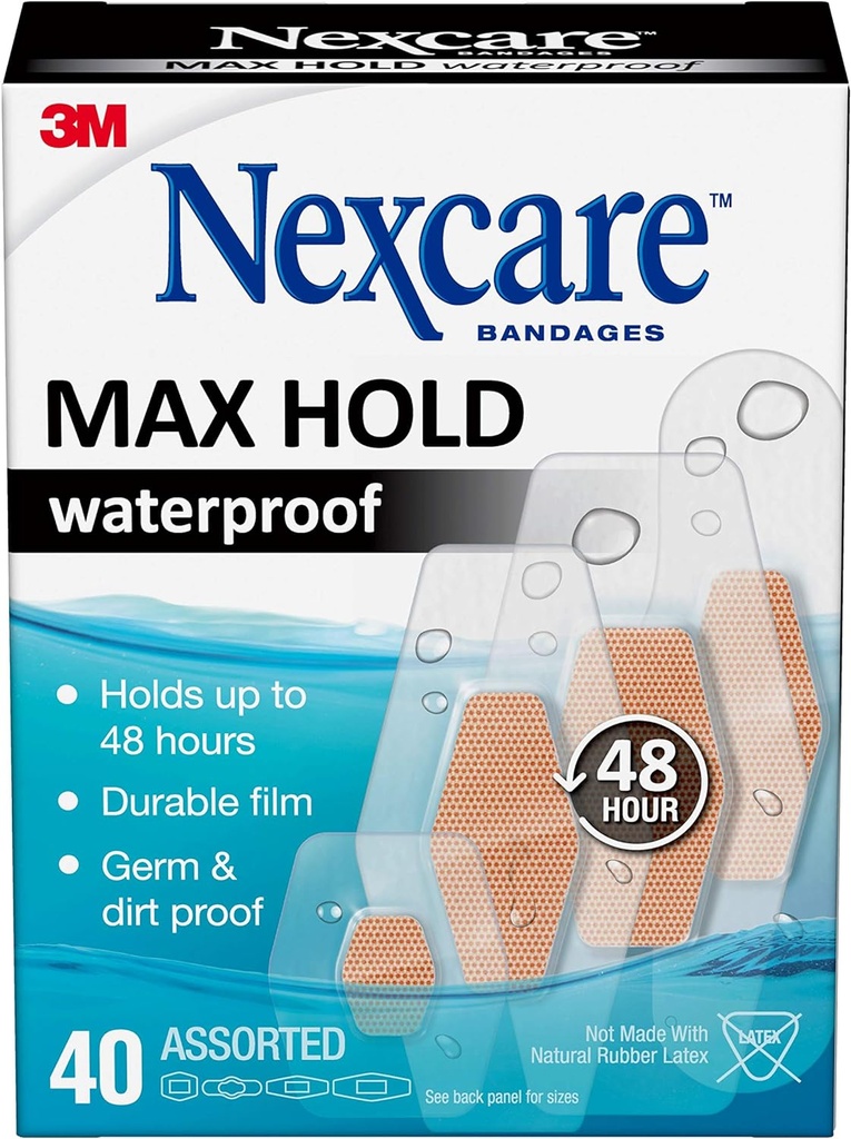 Nexcare Max Hold Waterproof Bandages, Stays On for 48 Hours, Flexible Bandages for Fingers, Knees and Heels - 40 Pack Clear Waterproof Bandages