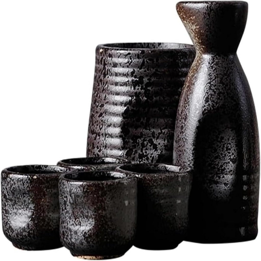 Japanese Ceramic Sake Set 6-Piece Set Warmer Vintage Sake Cup Ceramic Japanese Sake Set Traditional Retro Porcelain (E)