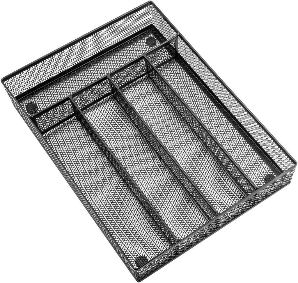 HaWare Utensil Drawer Organizer, Mesh Wire Silverware Organizer Divider for Kitchen, Stainless Steel Cutlery Flatware Storage Tray with Non-Slip Foam Feet, 5 Compartment, 12.5 x 9.2Inch, Black