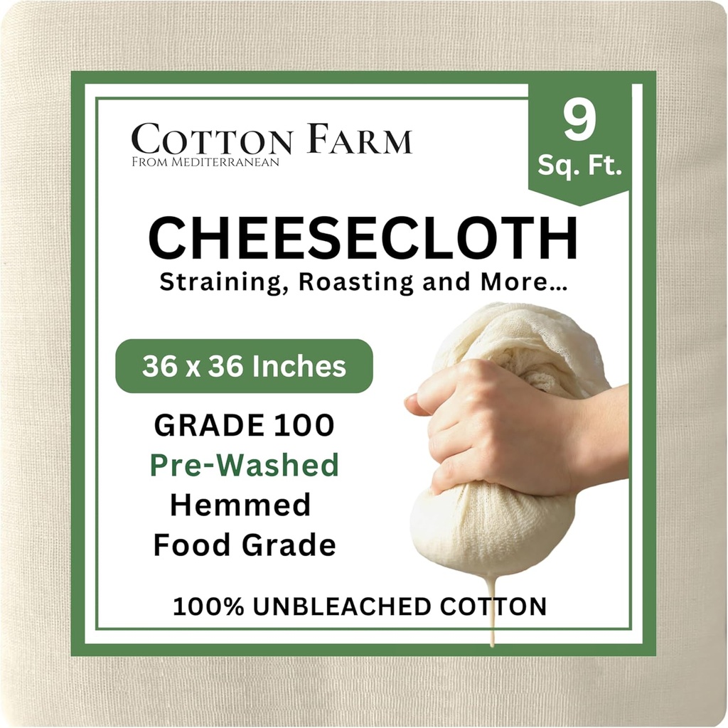 Cotton Farm Grade 100 XL Cheese Cloth - Straining & More; 36x36 Inch; 100% Unbleached Cotton Cheesecloth; Reusable with Hemmed 2 Edges; Ultra-Dense (the finest) Butter Muslin