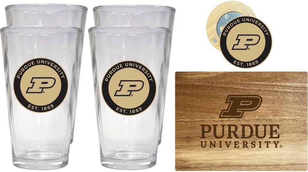 R and R Imports Purdue Boilermakers Officially Licensed Kitchen Pack - Wood Cutting Board, 4 Pint Glasses & Magnetic Bottle Opener
