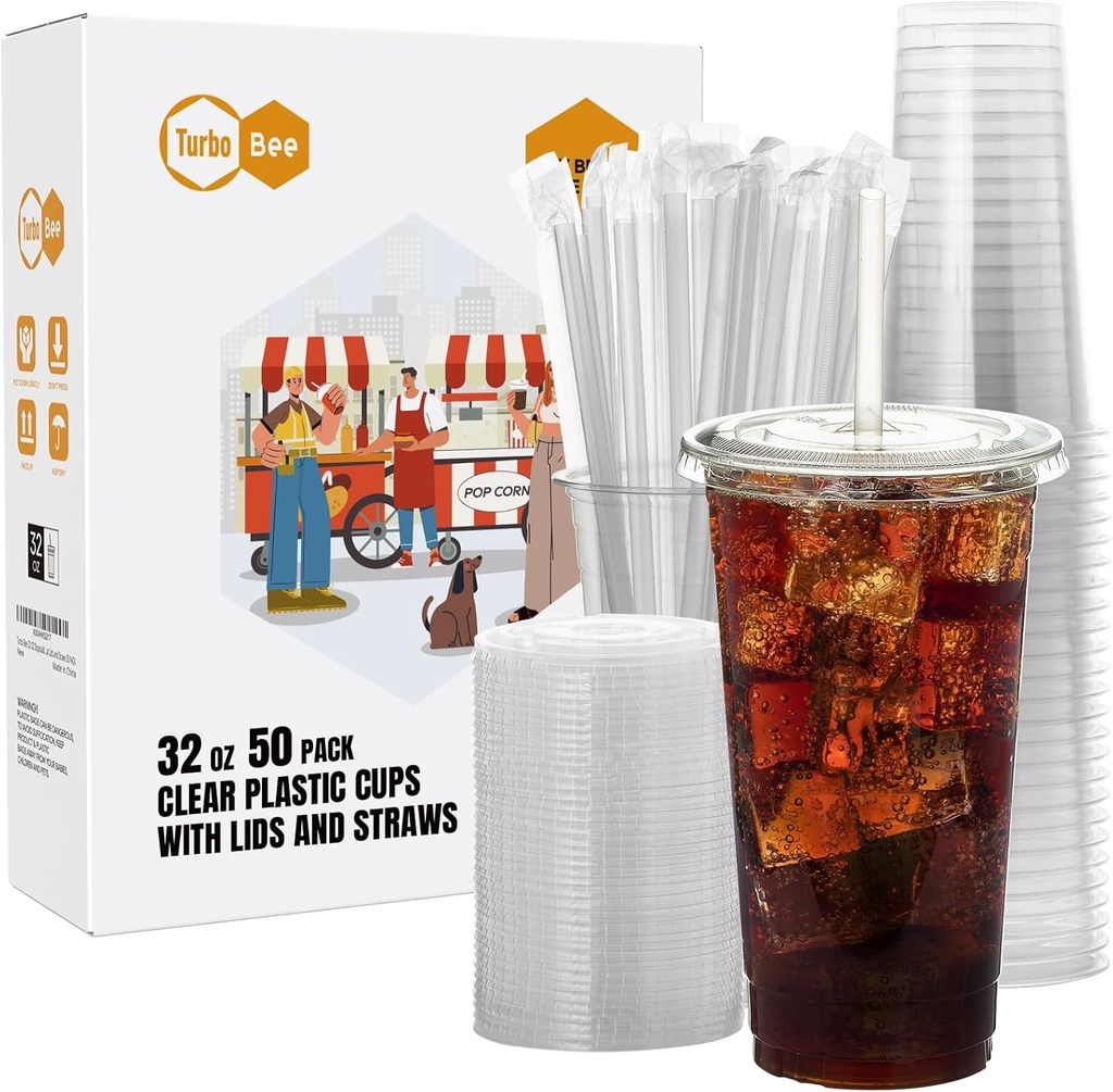 Turbo Bee 50 Sets 32 OZ Clear Plastic Cups with Lids and Straws, Disposable To Go Iced coffee cups with lids for Cold Drinks, Smoothie, and Slushie