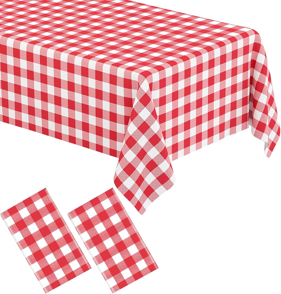 WNINK 2 Pack Red Gingham Tablecloth Rectangular Red and White Checkered Tablecloths Disposable Plastic Red Plaid Table Cover for Parties, Christmas, Outdoor Picnic, Birthday, Wedding, Camping 54 × 108