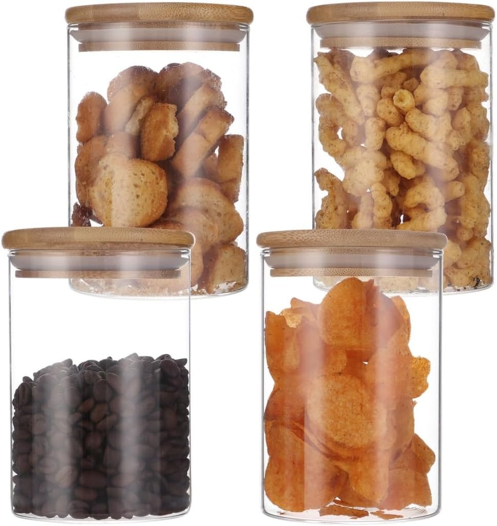Storage Food Airtight Jars, Transparent Glass Storage Jars with Bamboo Lids, 550Ml Clear Containers, Organizers Kitchen Food for Coffee Beans Spices Nuts Cookies
