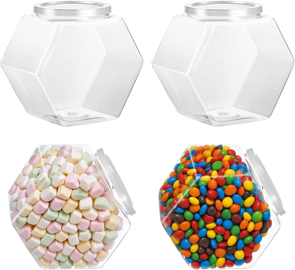 4Pcs Hexagonal Plastic Candy Jar with Lid, Clear Cookie Jars 73 OZ, Clear Candy Containers, Hexagon Cookie Jars with Lids, Plastic Dry Food Jar for Snacks, Cookies, Dog Treats
