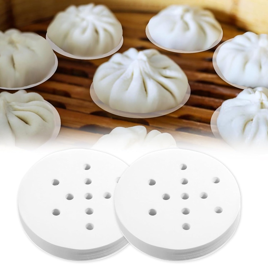 Bewudy 400pcs Small Steamer Paper, Non-Stick Mini Steam Paper 4" Bamboo Steamer Liners Small Dumpling Steamer Liner With Holes for Steamed Buns Dumplings(4in)