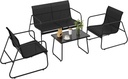 Textilene Patio Conversation Set with 2 Single Chairs, 1 Love Seat and Coffee Table, 4 Piece Textilene Furniture Set with Loveseat and Glass Top Coffee Table
