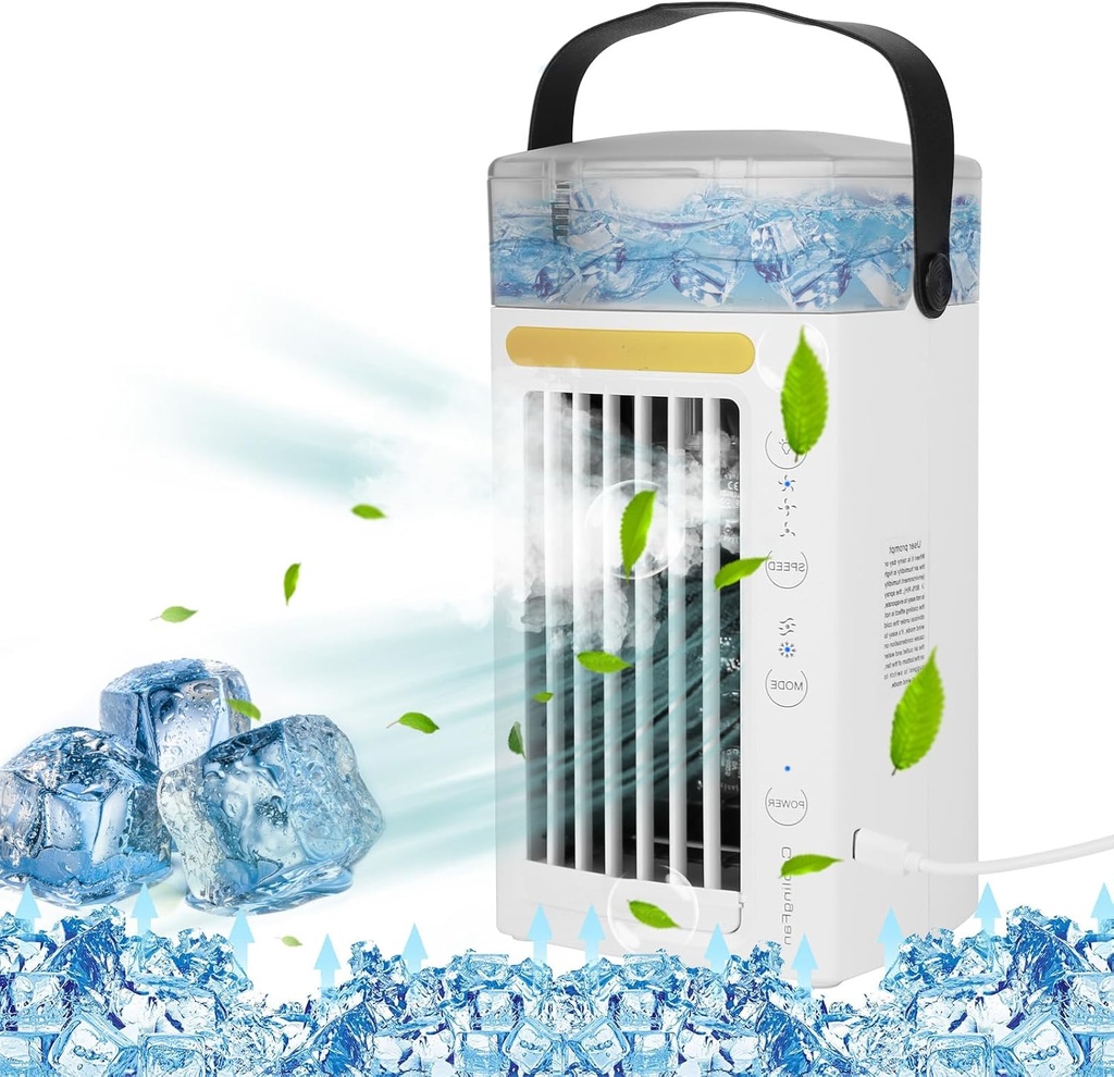 KOCASO Portable Air Conditioners，Evaporative Cooler with Water Mist, 3 Speeds & Nightlight - USB Powered Mini Air Conditioner Fan for Bedroom, Office & Home，Small Portable Air Conditioner for Cooling