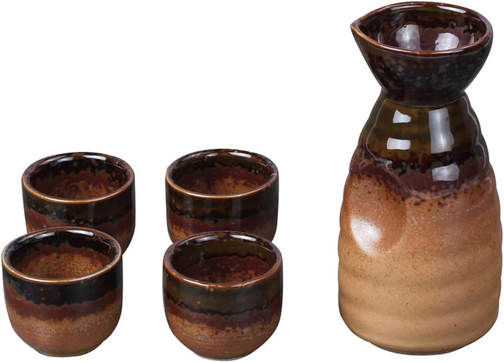 5 Pieces Creative Ceramics,Japanese Traditional Retro Ceramics Sake Cup Set with 1 Sake Pot and 4 Sake Cups,Best Gift for Family and Friends brown