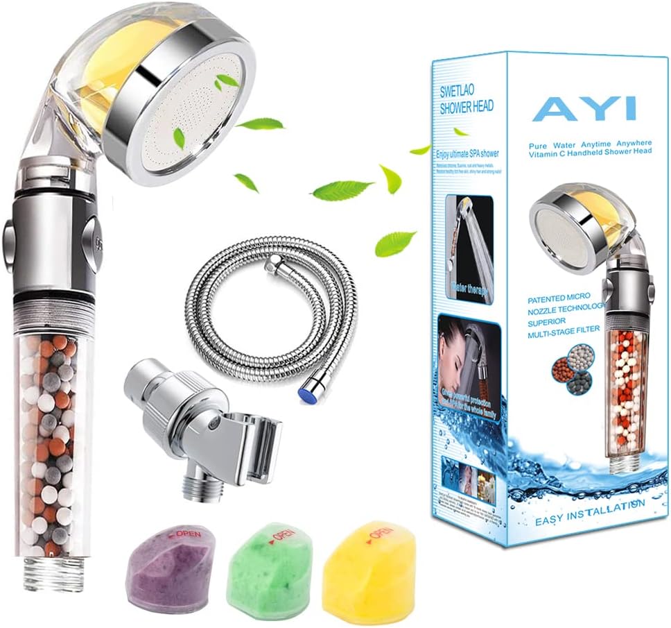 AYI Vitamin C Filtered High Pressure Handheld Shower Head with Bracket and Metal Hose Purifying Hard Water Softener Chlorine Flouride Filter Aroma Showerhead Fresh Dry Skin & Hair Loss