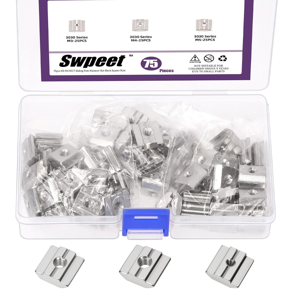 Swpeet 75Pcs 3 Sizes 3030 Series M3 M4 M5 Nickel Plated Carbon Steel T Sliding Nuts Assortment Kit, Hammer Nut T Slot Nuts for 3030 Aluminum Profiles Woodworking CNC Router Build Rail 3D Printer