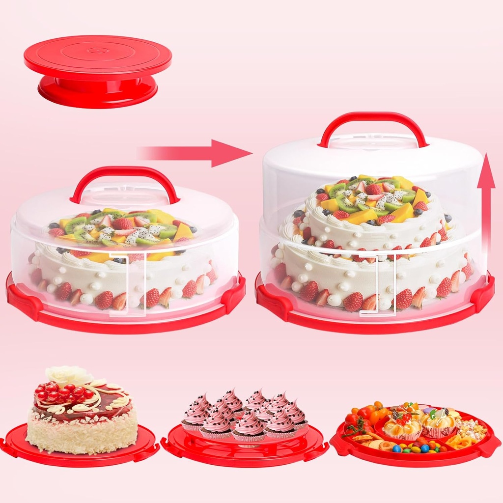 Bundt Cake Carrier, 13.5"Red Cake Carrier with Lid Handle Turntable and Cupcake Holder, Portable Cake Transport Container, Perfect Gifts for Transporting Cakes, Pies, Cupcakes, Nuts, Fruits