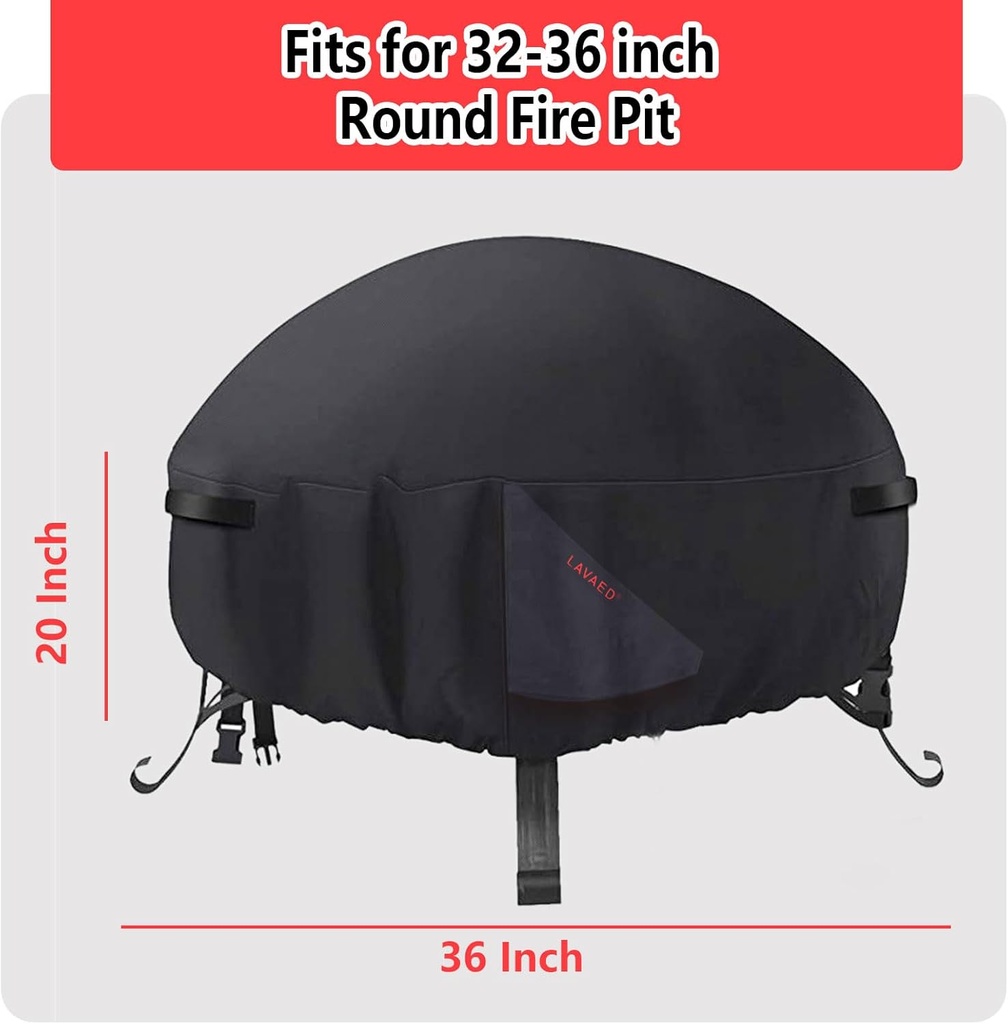 LAVAED Heavy Duty 600D Outdoor Round Fire Pit Cover for Fire Pit 36D*20H inch,Waterproof Full Coverage Patio Round Fire Pit Cover, Dustproof Oxford Cloth Outdoor Fireplace Cover