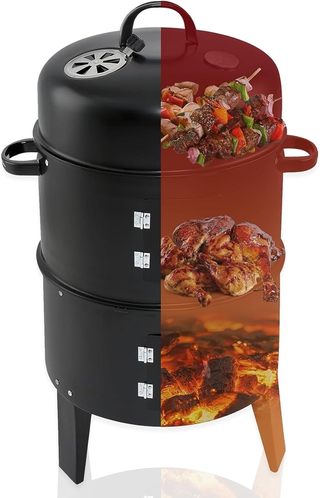TENGCHANG 32" Charcoal Smoker BBQ Grill, 3IN1 Outdoor Vertical Smoke Portable Meat Cooker, Black