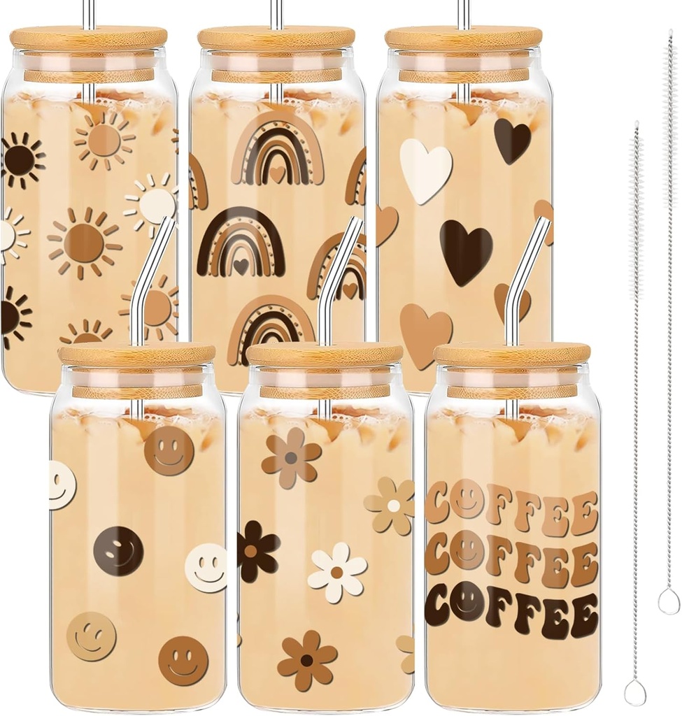 Whaline 6 Pack Boho Drinking Glasses 16oz Boho Rainbow Sun Heart Flower Glasses Cup Retro Groovy Ice Coffee Cup with Bamboo Lid Glass Straw Cleaning Brush for Cocktail Whiskey Beer Soda Gifts