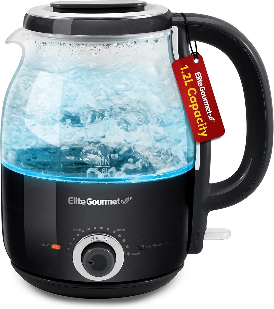 Elite Gourmet EKT1220B 1.2L Electric BPA-Free 1200W Glass Kettle, Temperature Dial Keep Warm Function, Cordless 360° Base, Blue LED Interior, Auto Shut-Off Function – Quick Boil, Black