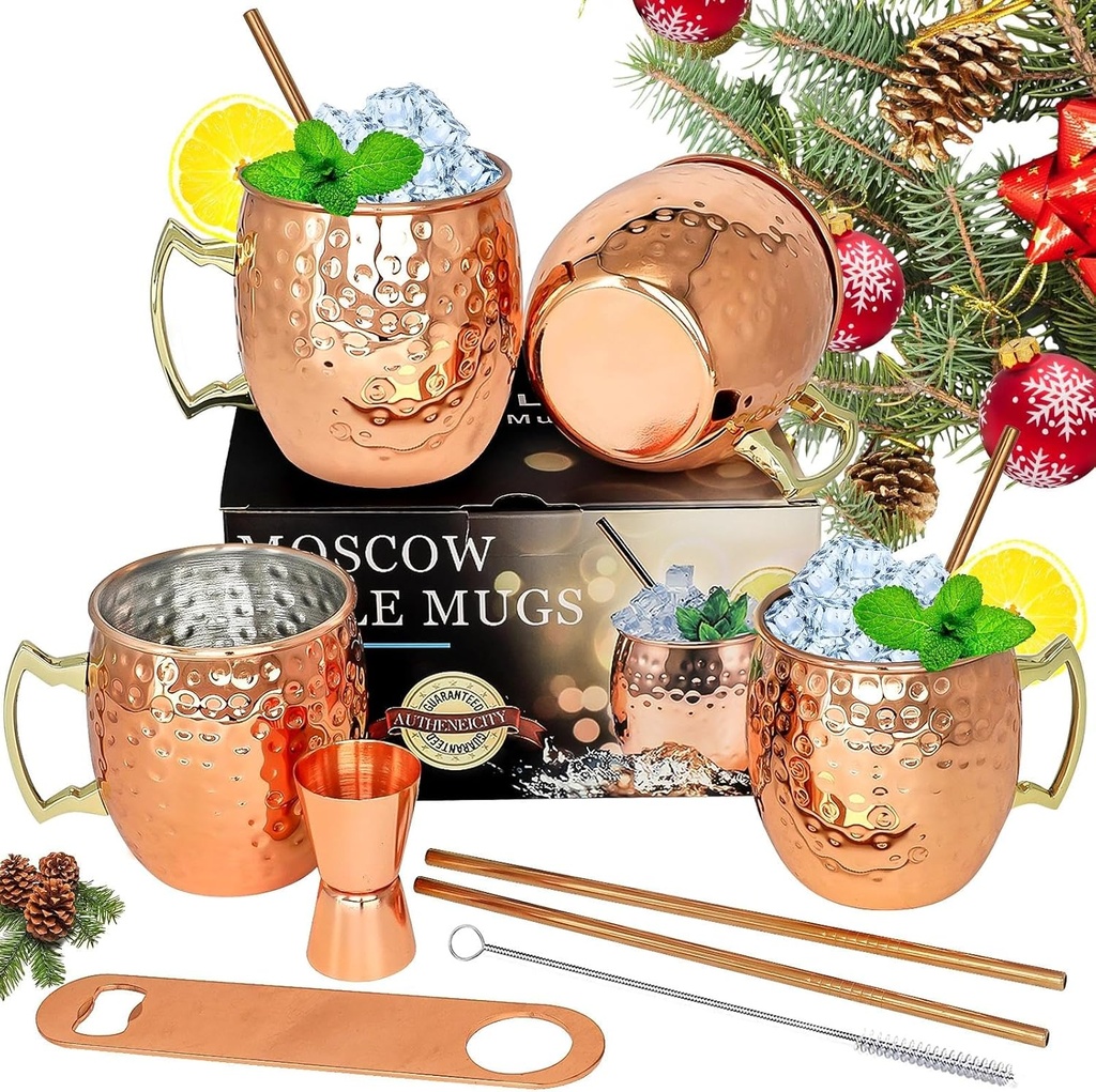 LINALL Moscow Mule Copper Mugs- Set of 4 Copper Plated Stainless Steel Mug 18oz, for Chilled Drinks (4 pcs)