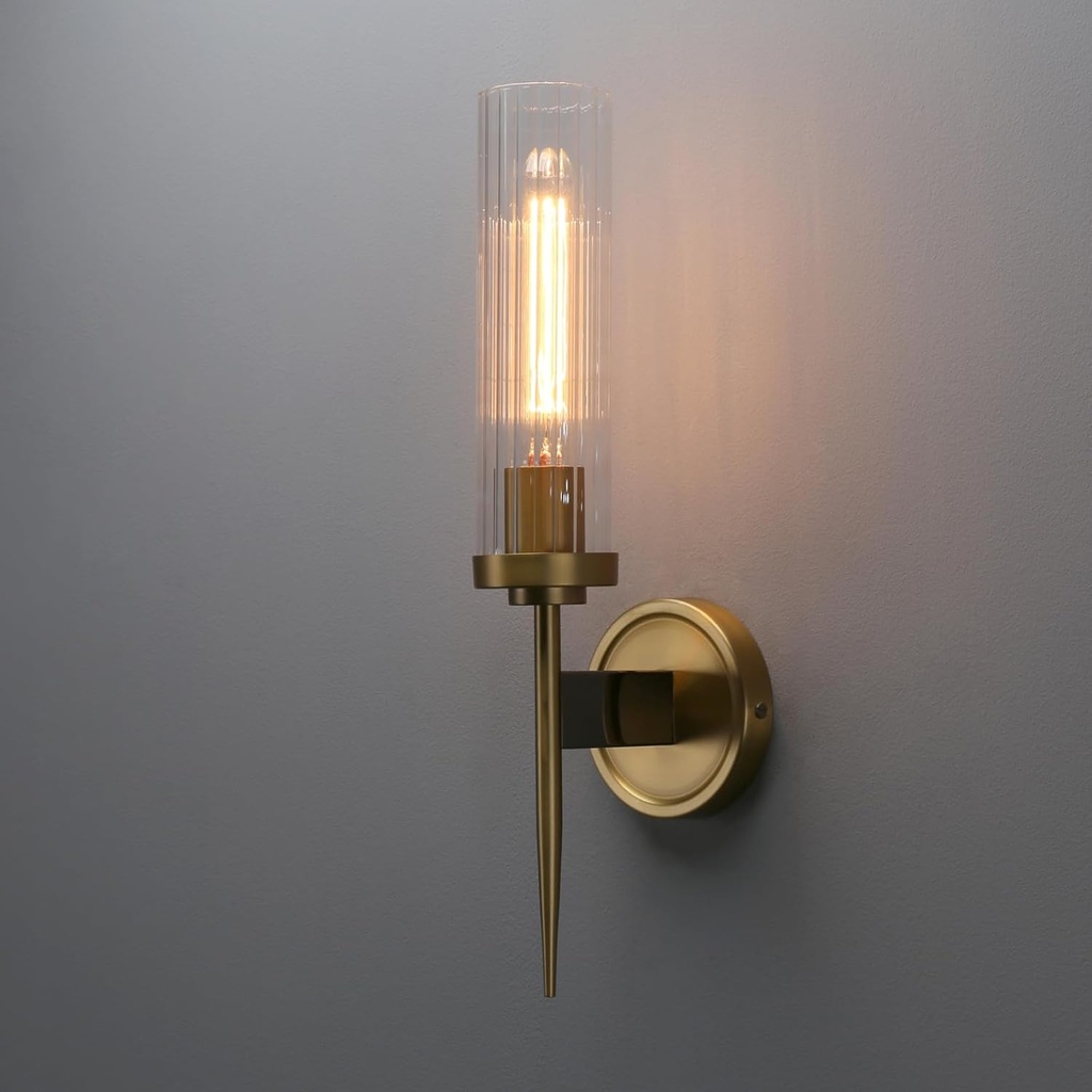 Phansthy Bathroom Vanity Light Antique Brass 1-Light Wall Sconce with 2.8 Inches Diameter Cyclinder Ribbed Clear Glass Canopy (One-Light)