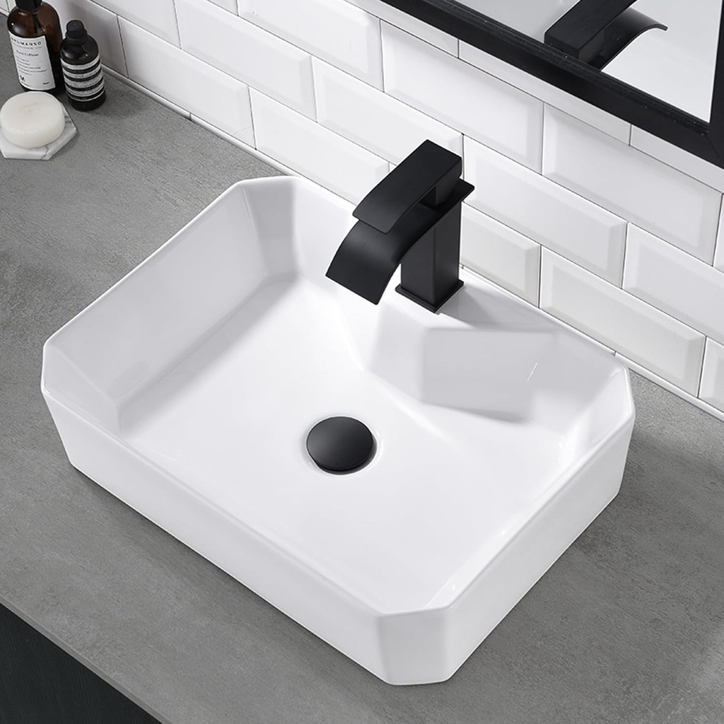 Bathroom Vessel Sink with Faucet, Scamall 20x15 Inch White Ceramic Bathroom Sinks Combo Rectangle Vessel Sink for Bathrooms Balcony Art Basin Vanity Sinks Porcelain Bowl with Drainer & Black Faucet